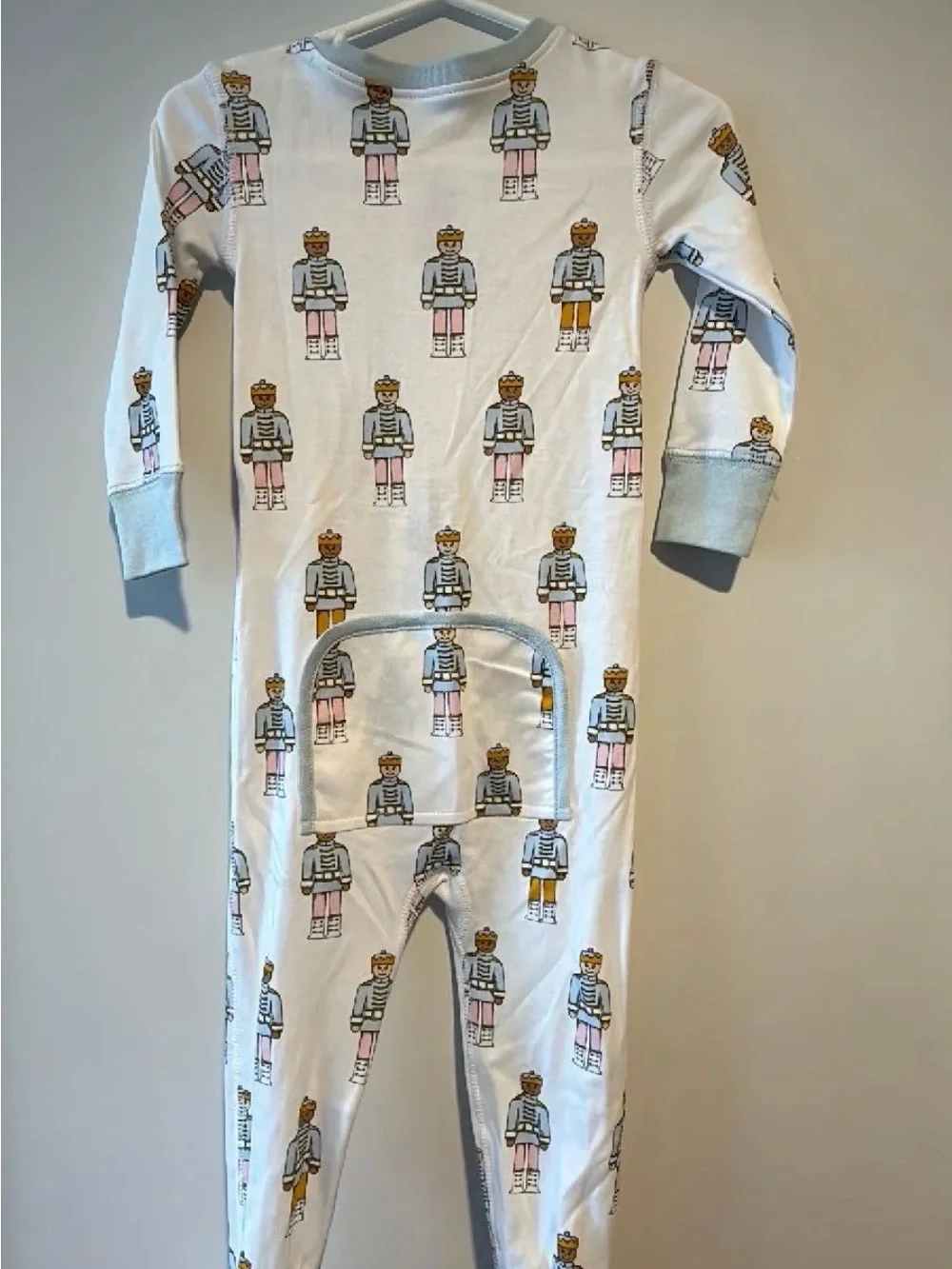Baby Nutcracker-Print Footless Cotton Zip Romper - White & Light Blue